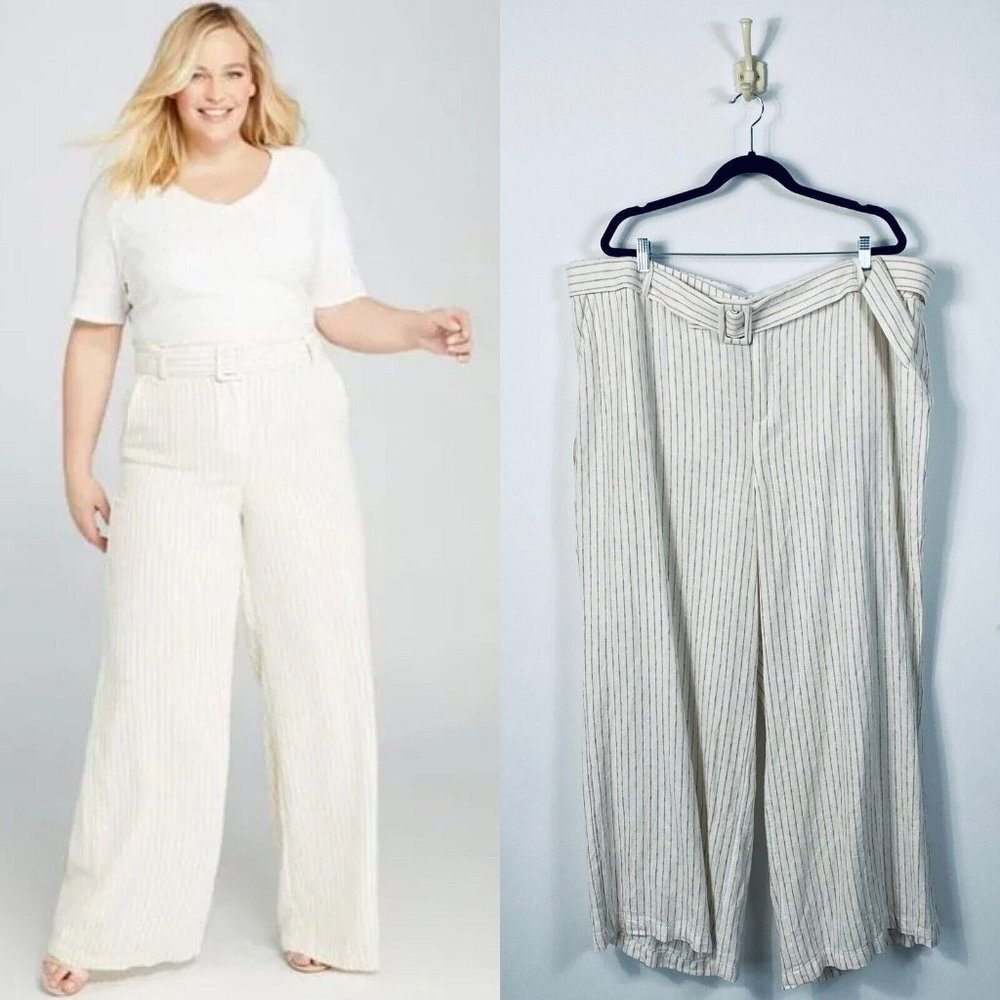 Lane Bryant Linen Blend Wide-Leg Cream & Brown Pinstripe Belted‎ Pants Size 24